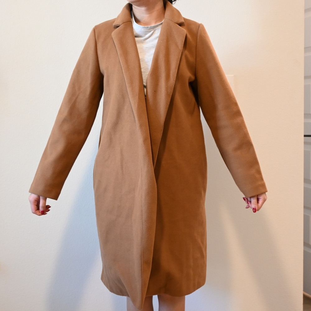 Zara Camel Long Wool Blend Coat Women's Size L Classic Open Front
